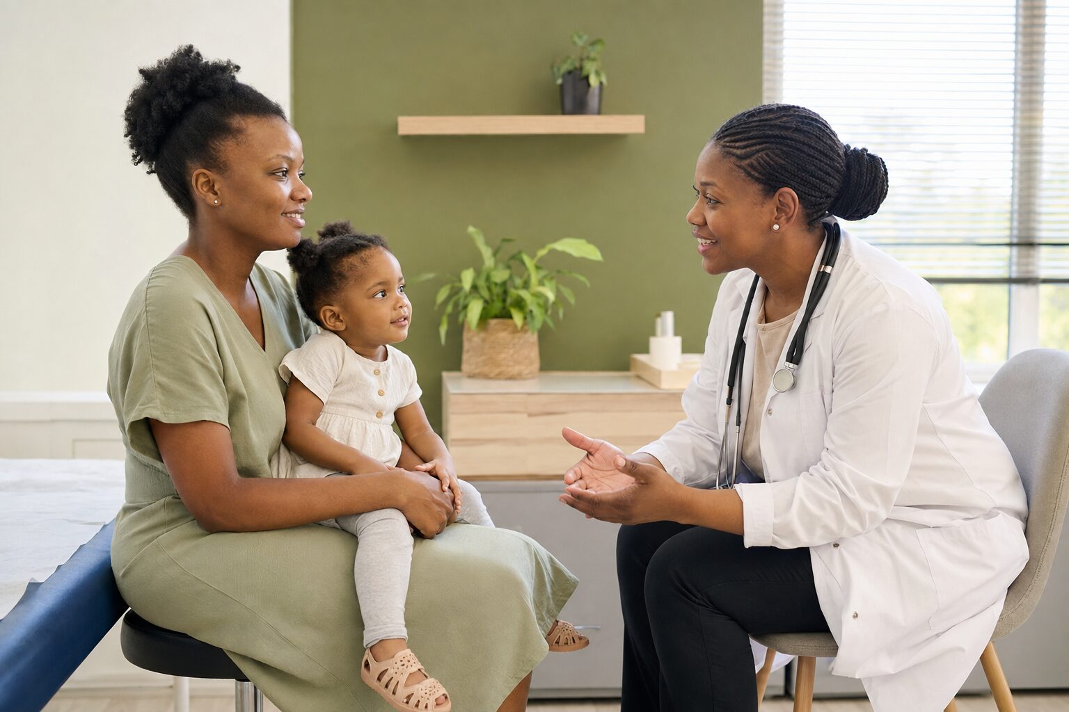 A Namibian mother and young child receiving warm family medical care