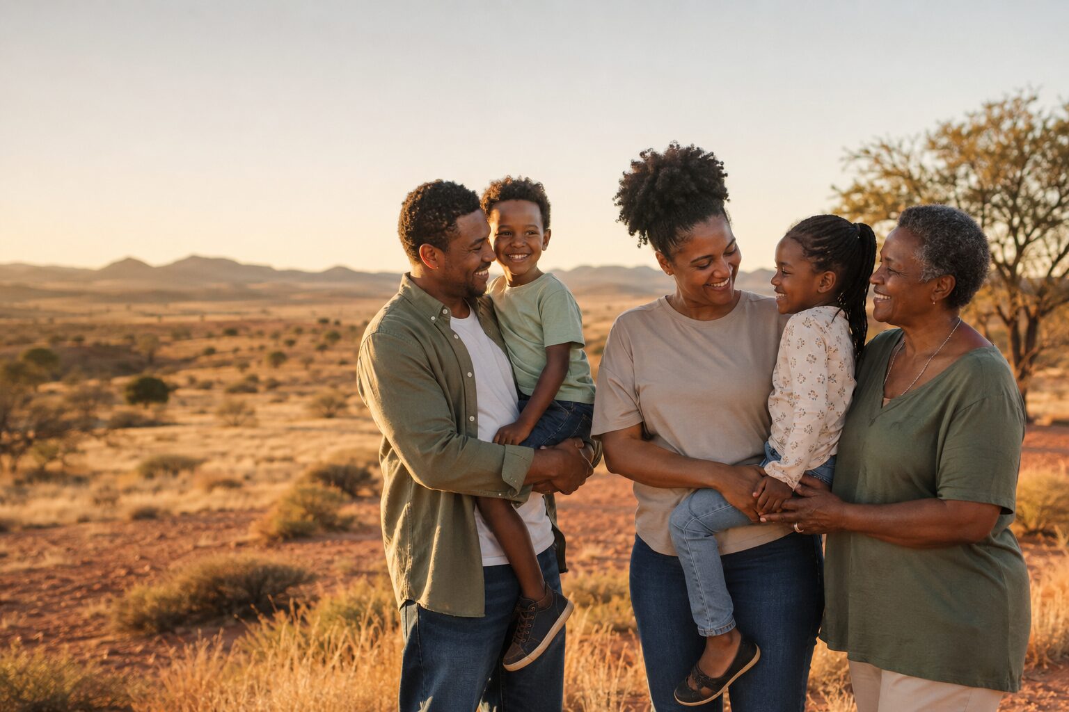 A multigenerational Namibian family in the southern Namibian landscape